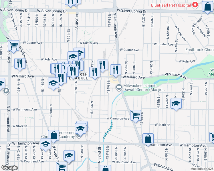 map of restaurants, bars, coffee shops, grocery stores, and more near 3201 West Villard Avenue in Milwaukee