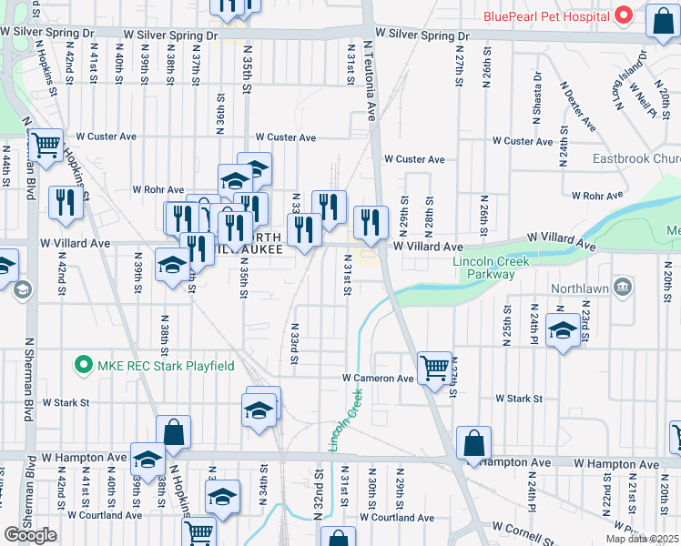 map of restaurants, bars, coffee shops, grocery stores, and more near 3201 West Villard Avenue in Milwaukee
