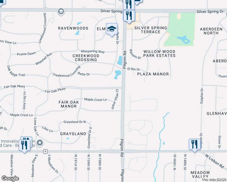 map of restaurants, bars, coffee shops, grocery stores, and more near 15708 Fair Oak Parkway in Menomonee Falls