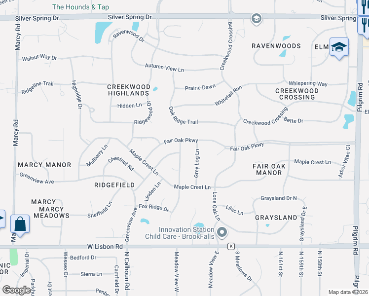 map of restaurants, bars, coffee shops, grocery stores, and more near N51W16782 Fair Oak Parkway in Menomonee Falls