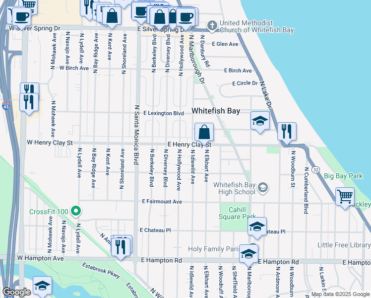 map of restaurants, bars, coffee shops, grocery stores, and more near 611 East Henry Clay Street in Whitefish Bay