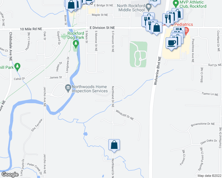 map of restaurants, bars, coffee shops, grocery stores, and more near 8159 Northland Drive Northeast in Rockford