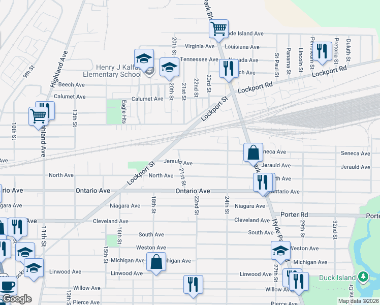 map of restaurants, bars, coffee shops, grocery stores, and more near 2125 Seneca Avenue in Niagara Falls