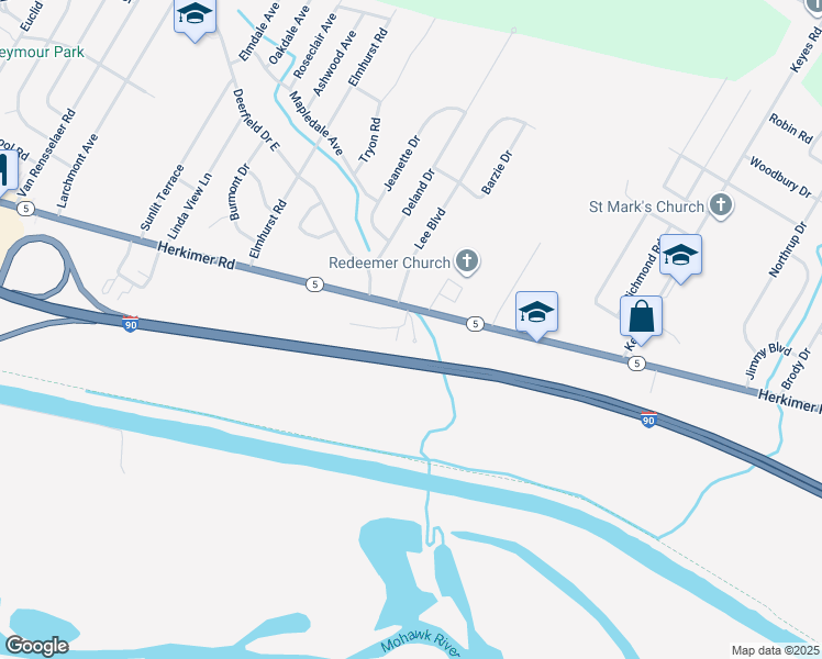map of restaurants, bars, coffee shops, grocery stores, and more near 2 Sunnybrook Lane in Utica