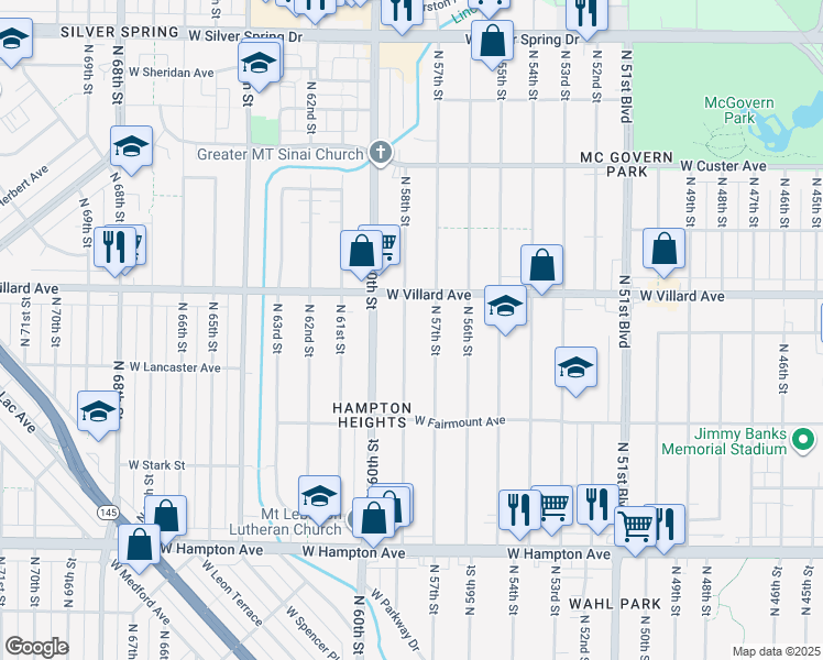 map of restaurants, bars, coffee shops, grocery stores, and more near 5132 North 58th Street in Milwaukee