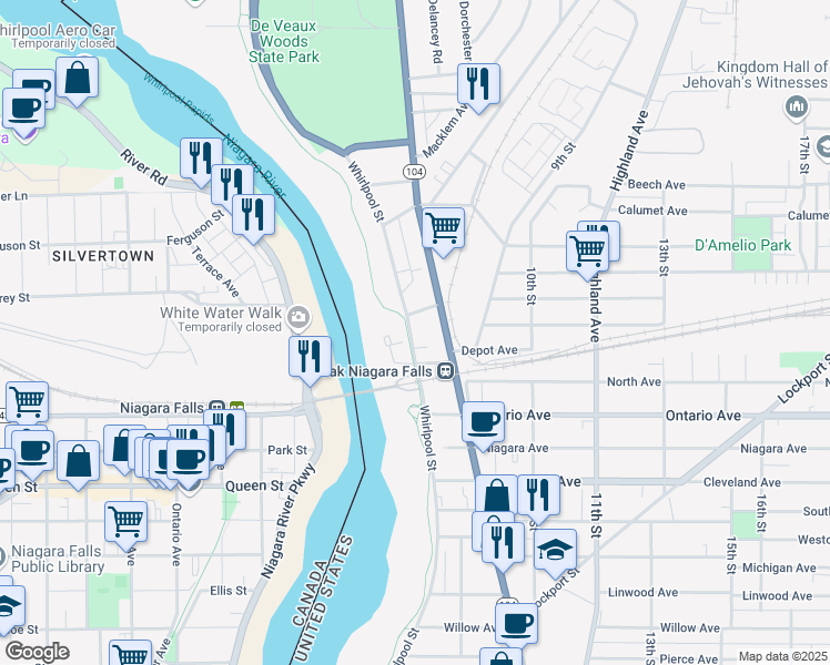 map of restaurants, bars, coffee shops, grocery stores, and more near 701-799 Bellevue Avenue in Niagara Falls