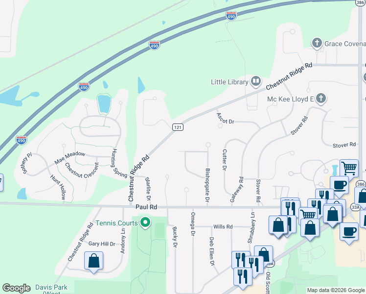 map of restaurants, bars, coffee shops, grocery stores, and more near 385 Chestnut Ridge Road in Rochester