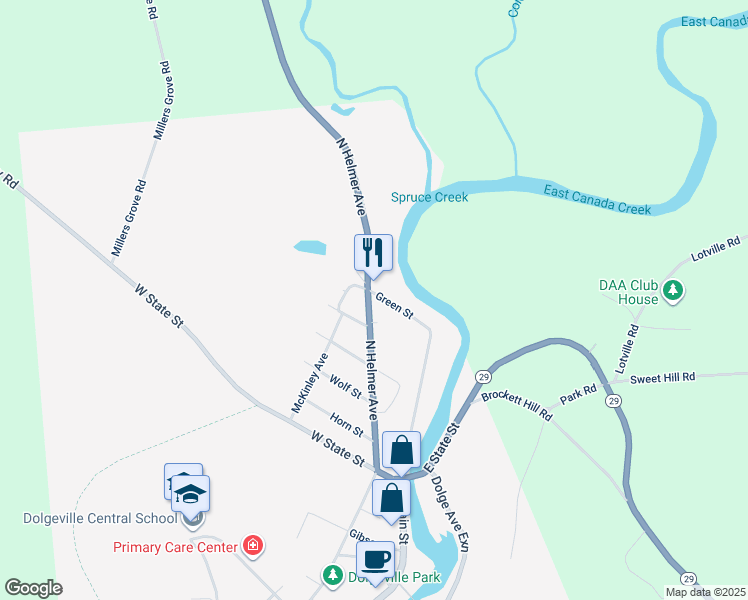 map of restaurants, bars, coffee shops, grocery stores, and more near 1 Green Street in Dolgeville