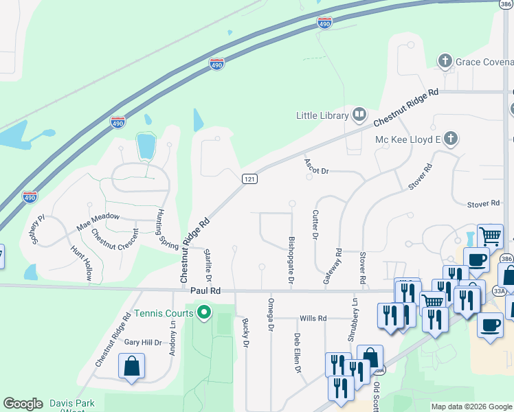 map of restaurants, bars, coffee shops, grocery stores, and more near 385 Chestnut Ridge Road in Rochester