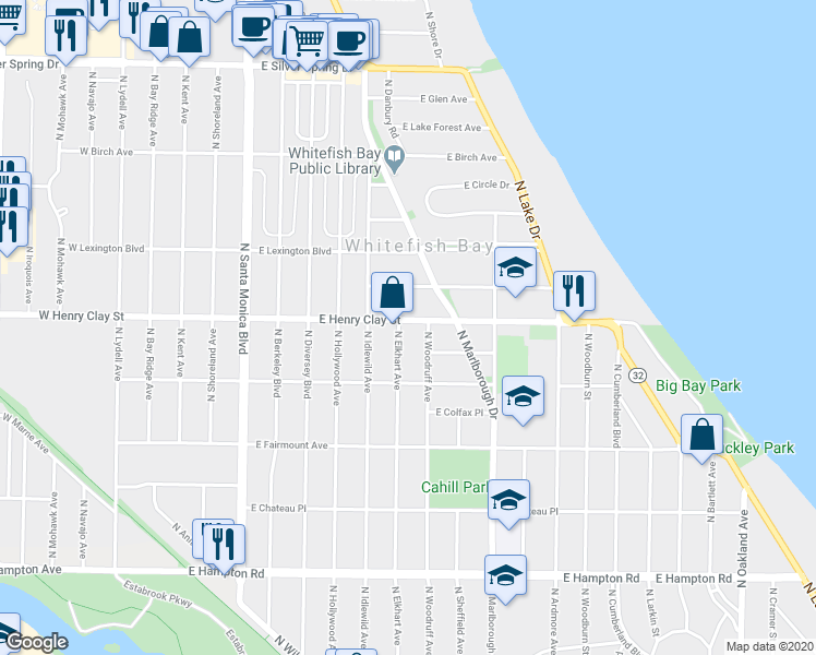 map of restaurants, bars, coffee shops, grocery stores, and more near 820 East Henry Clay Street in Whitefish Bay