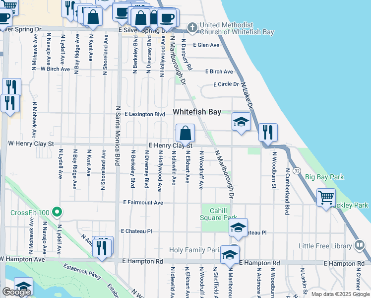 map of restaurants, bars, coffee shops, grocery stores, and more near 712 East Henry Clay Street in Whitefish Bay