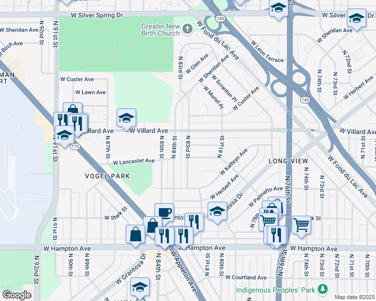map of restaurants, bars, coffee shops, grocery stores, and more near 8228 West Eggert Place in Milwaukee