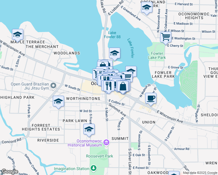 map of restaurants, bars, coffee shops, grocery stores, and more near 118 East Wisconsin Avenue in Oconomowoc