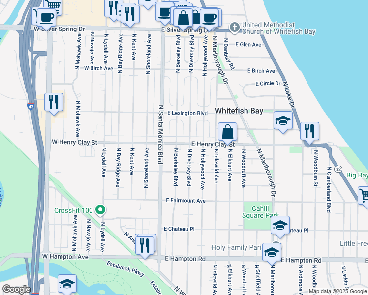 map of restaurants, bars, coffee shops, grocery stores, and more near 425 East Henry Clay Street in Whitefish Bay