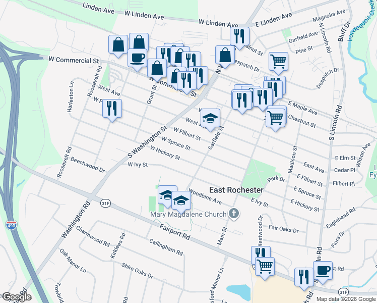 map of restaurants, bars, coffee shops, grocery stores, and more near 220 West Spruce Street in East Rochester