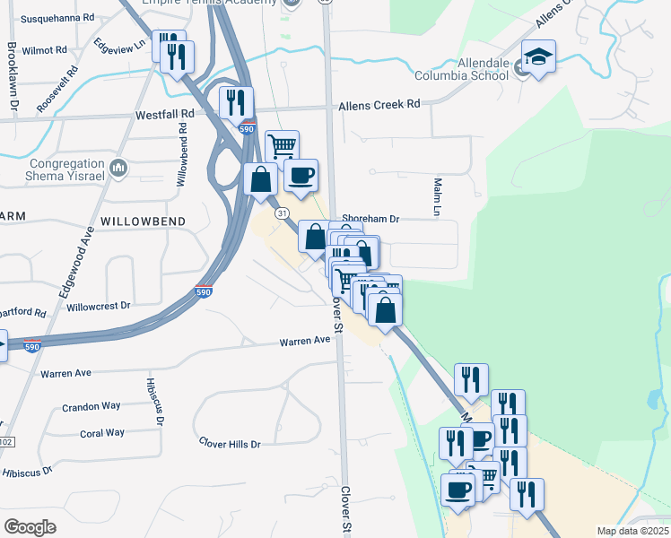 map of restaurants, bars, coffee shops, grocery stores, and more near Monroe Ave & Clover St in Rochester