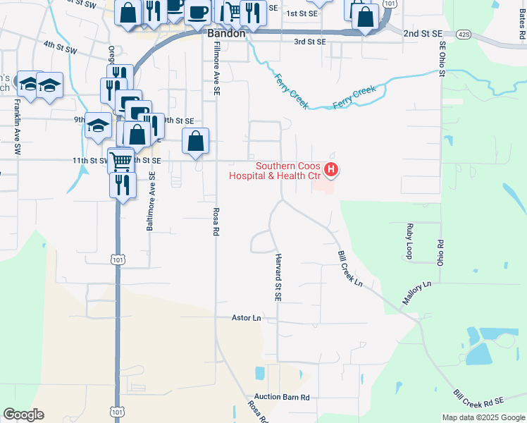 map of restaurants, bars, coffee shops, grocery stores, and more near 1520 Harvard Street Southeast in Bandon