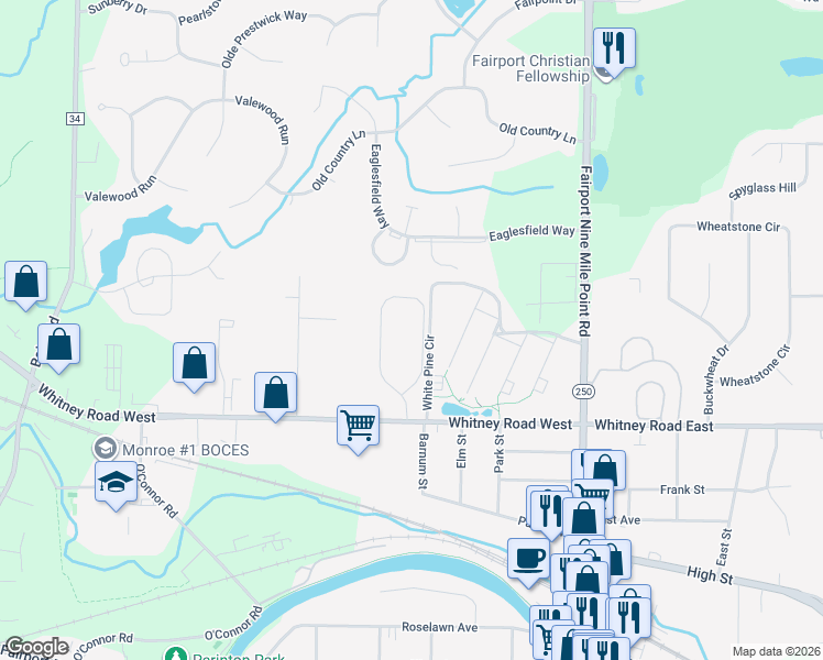 map of restaurants, bars, coffee shops, grocery stores, and more near 57 Edendery Circle in Fairport