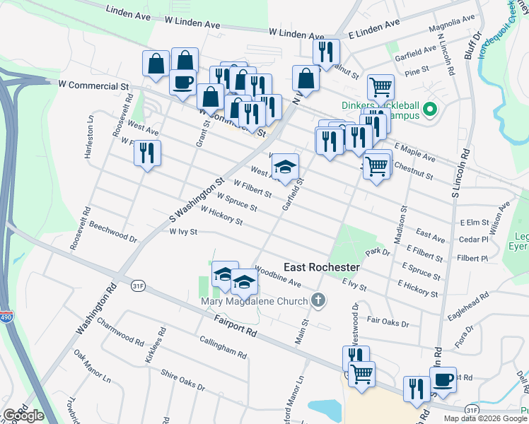 map of restaurants, bars, coffee shops, grocery stores, and more near 212 West Spruce Street in East Rochester