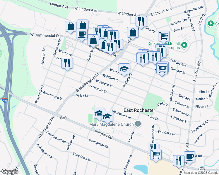 map of restaurants, bars, coffee shops, grocery stores, and more near 219 West Spruce Street in East Rochester