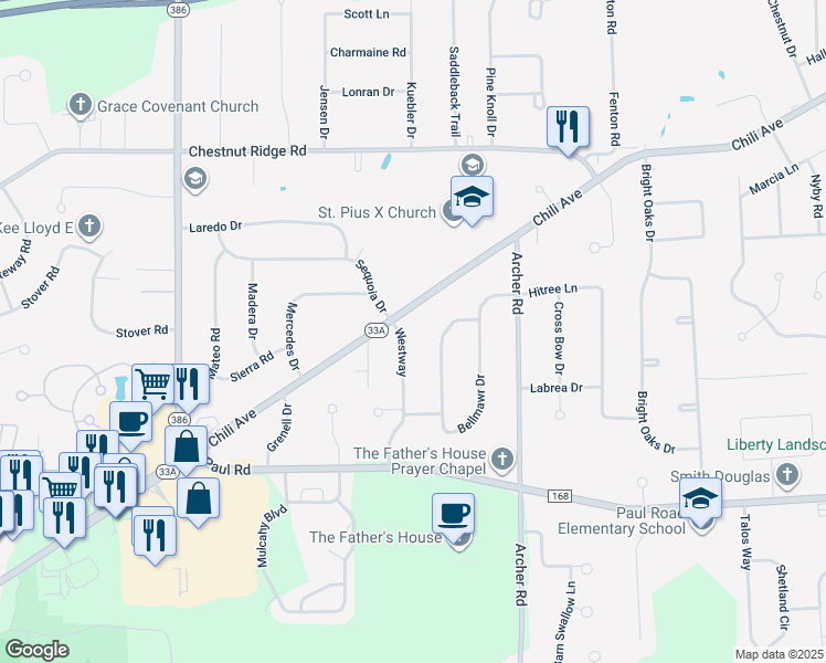 map of restaurants, bars, coffee shops, grocery stores, and more near 3037 Chili Avenue in Rochester