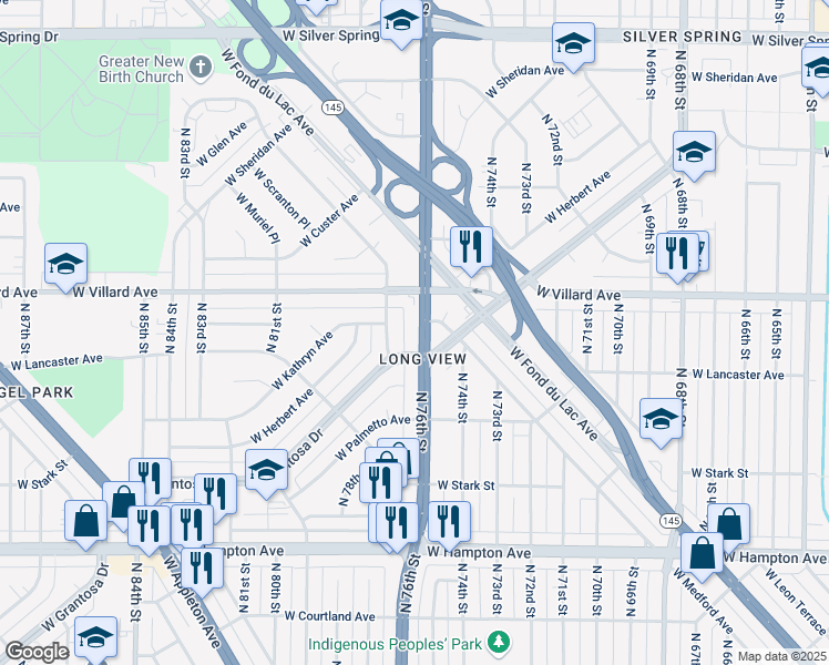 map of restaurants, bars, coffee shops, grocery stores, and more near 5127 North 76th Street in Milwaukee