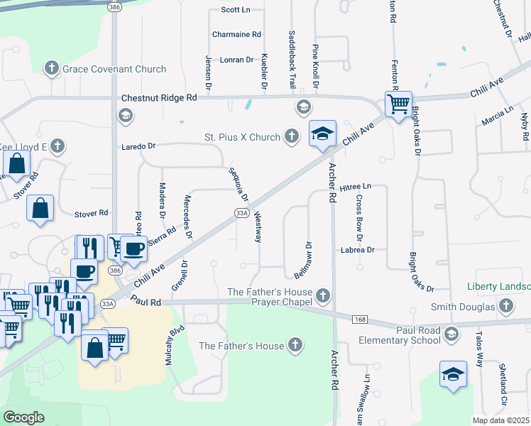 map of restaurants, bars, coffee shops, grocery stores, and more near 3037 Chili Avenue in Rochester