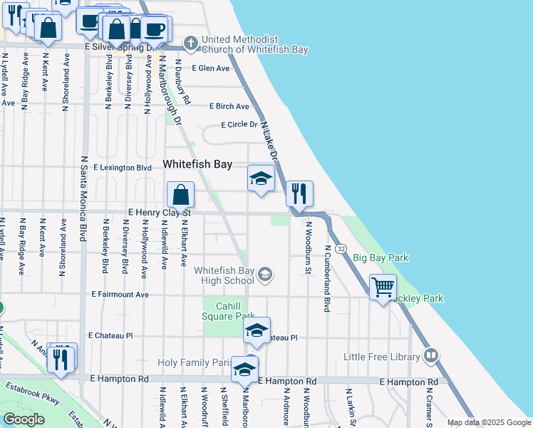 map of restaurants, bars, coffee shops, grocery stores, and more near 1144 East Henry Clay Street in Whitefish Bay