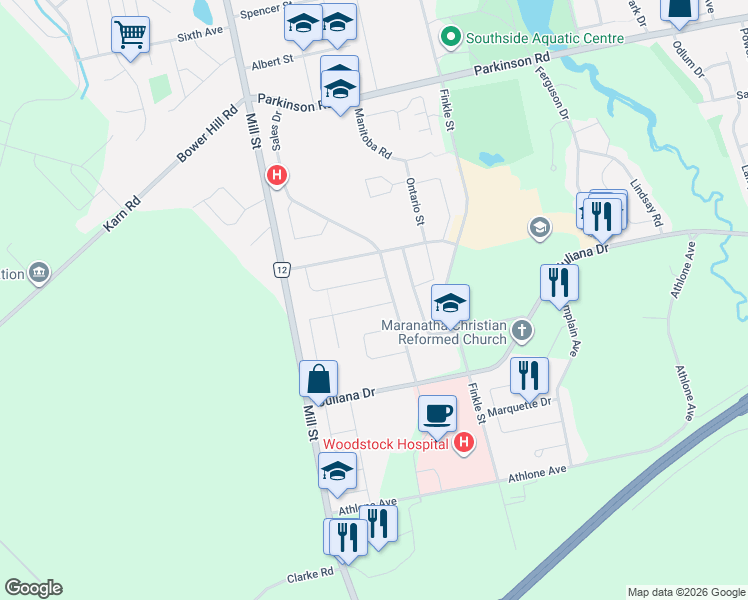 map of restaurants, bars, coffee shops, grocery stores, and more near 155 Forestway Trail in Woodstock