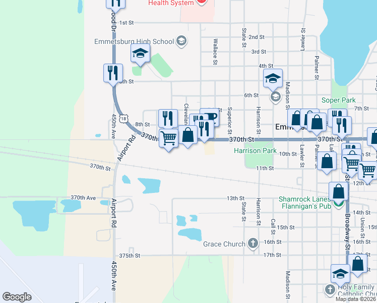 map of restaurants, bars, coffee shops, grocery stores, and more near 3206 Main Street in Emmetsburg