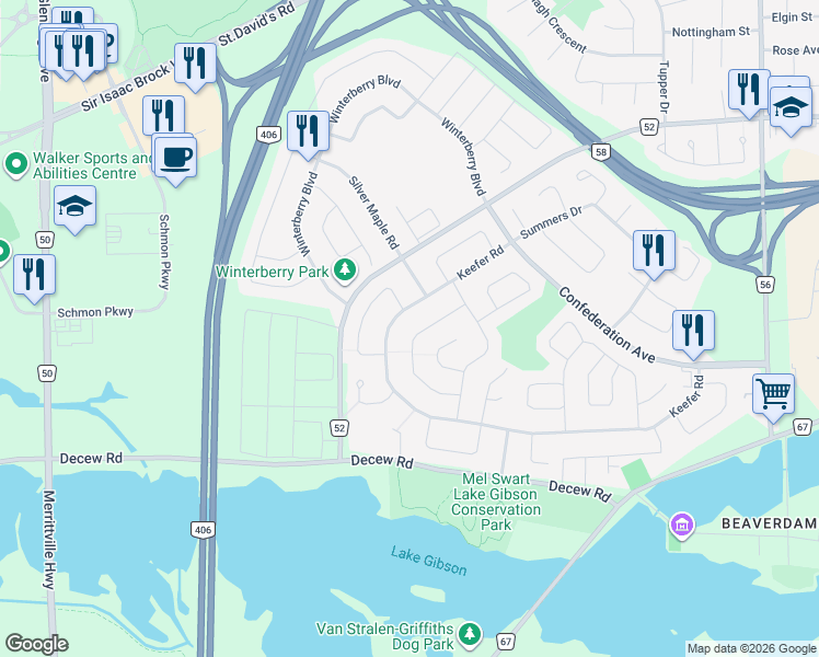 map of restaurants, bars, coffee shops, grocery stores, and more near 66 Baxter Crescent in Thorold