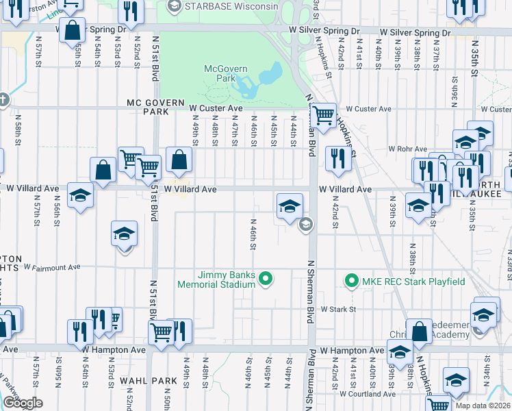 map of restaurants, bars, coffee shops, grocery stores, and more near 4611 West Villard Avenue in Milwaukee