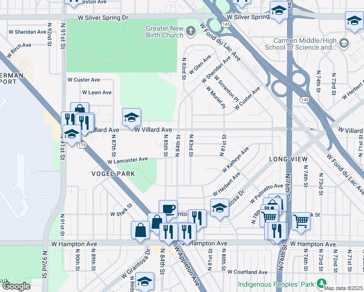 map of restaurants, bars, coffee shops, grocery stores, and more near 5144 North 84th Street in Milwaukee