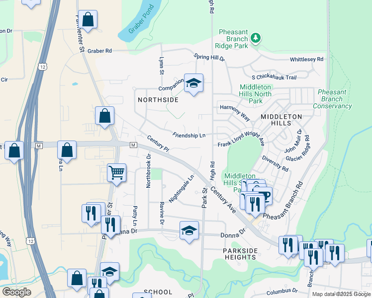 map of restaurants, bars, coffee shops, grocery stores, and more near 7216 Century Place in Middleton