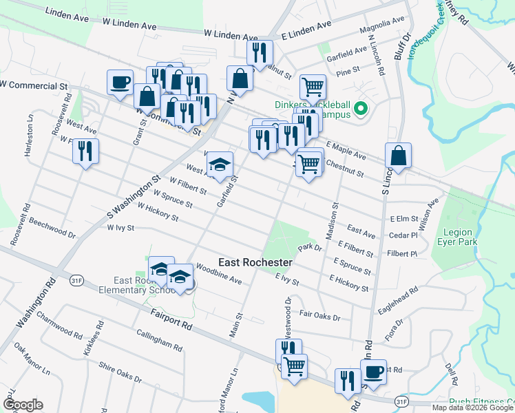 map of restaurants, bars, coffee shops, grocery stores, and more near 114 West Avenue in East Rochester