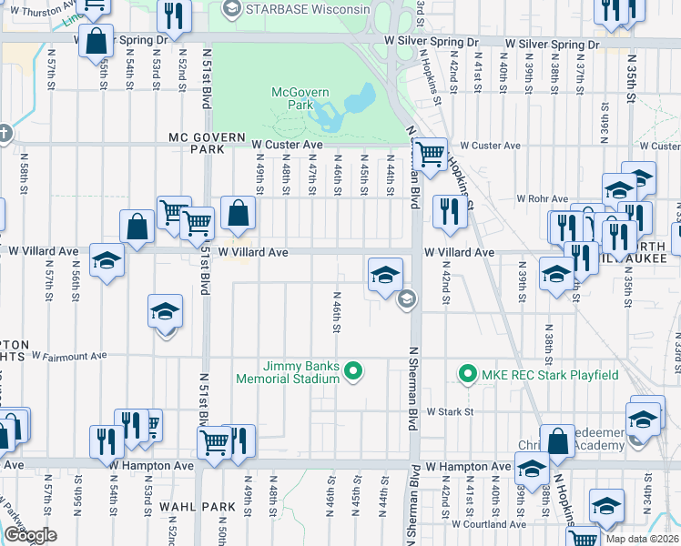 map of restaurants, bars, coffee shops, grocery stores, and more near 4611 West Villard Avenue in Milwaukee