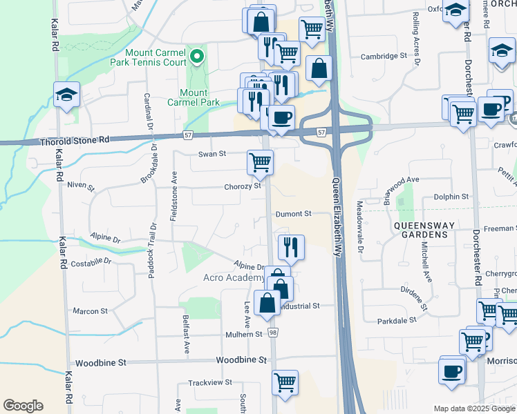 map of restaurants, bars, coffee shops, grocery stores, and more near 4257 Montrose Road in Niagara Falls