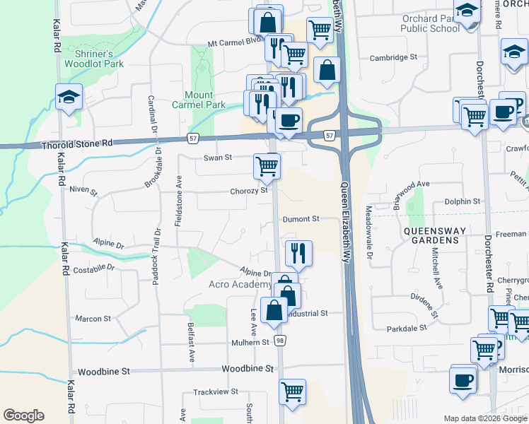 map of restaurants, bars, coffee shops, grocery stores, and more near 4205 Montrose Road in Niagara Falls