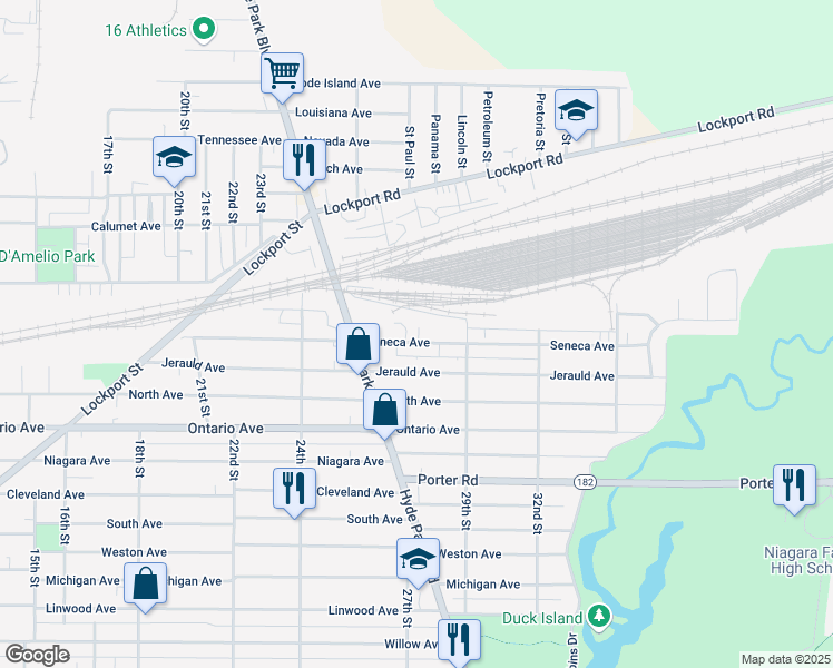 map of restaurants, bars, coffee shops, grocery stores, and more near 2556 Seneca Avenue in Niagara Falls