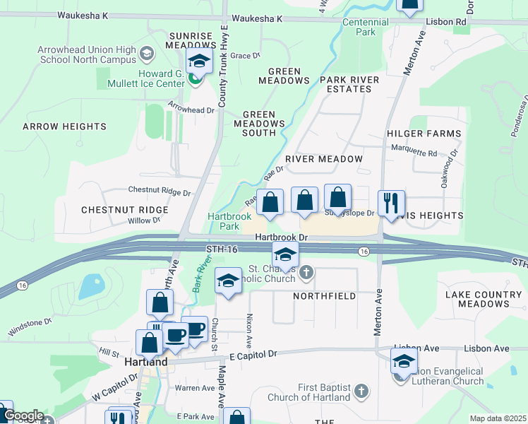 map of restaurants, bars, coffee shops, grocery stores, and more near 520 Hartbrook Drive in Hartland