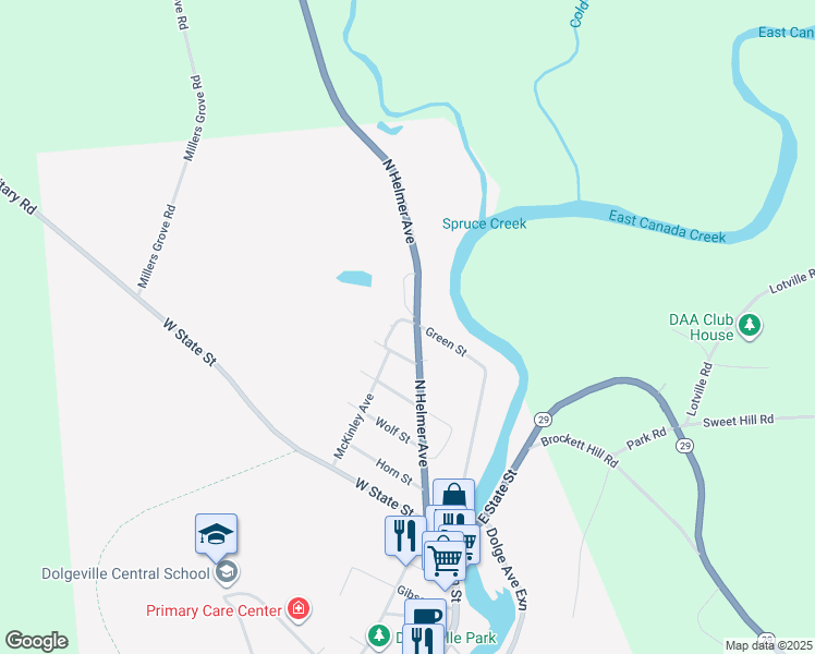 map of restaurants, bars, coffee shops, grocery stores, and more near 1 Green Street in Dolgeville