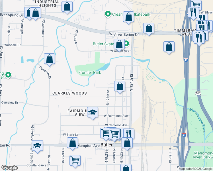 map of restaurants, bars, coffee shops, grocery stores, and more near 12704 West Eggert Place in Butler