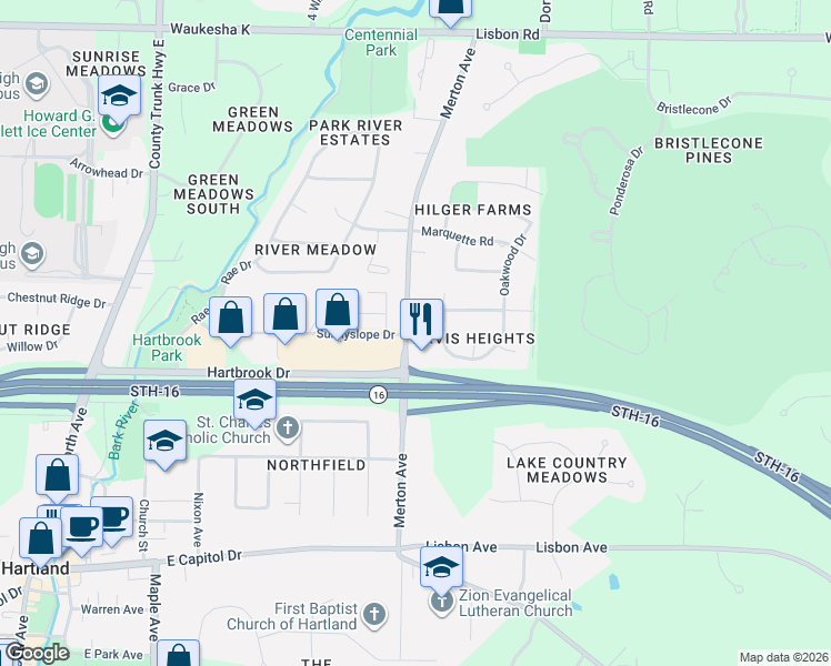 map of restaurants, bars, coffee shops, grocery stores, and more near 444 Merton Avenue in Hartland
