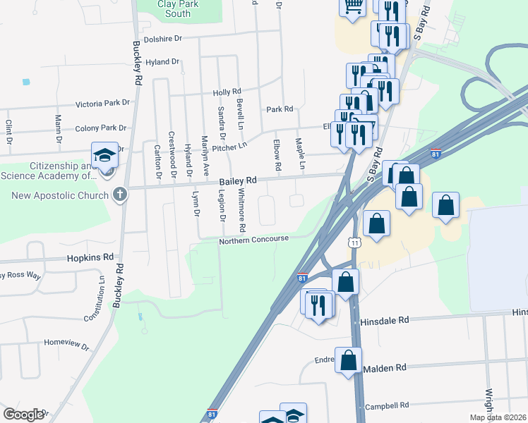 map of restaurants, bars, coffee shops, grocery stores, and more near 112 Circle Road in North Syracuse