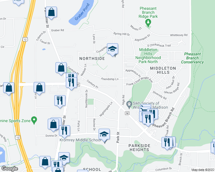 map of restaurants, bars, coffee shops, grocery stores, and more near 7216 Century Place in Middleton