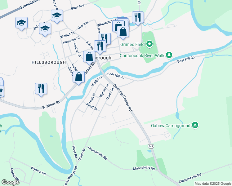 map of restaurants, bars, coffee shops, grocery stores, and more near 45 Bridge Street in Hillsboro