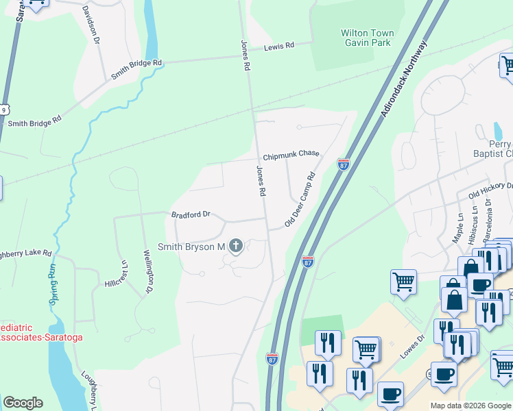 map of restaurants, bars, coffee shops, grocery stores, and more near 85 Jones Road in Saratoga Springs