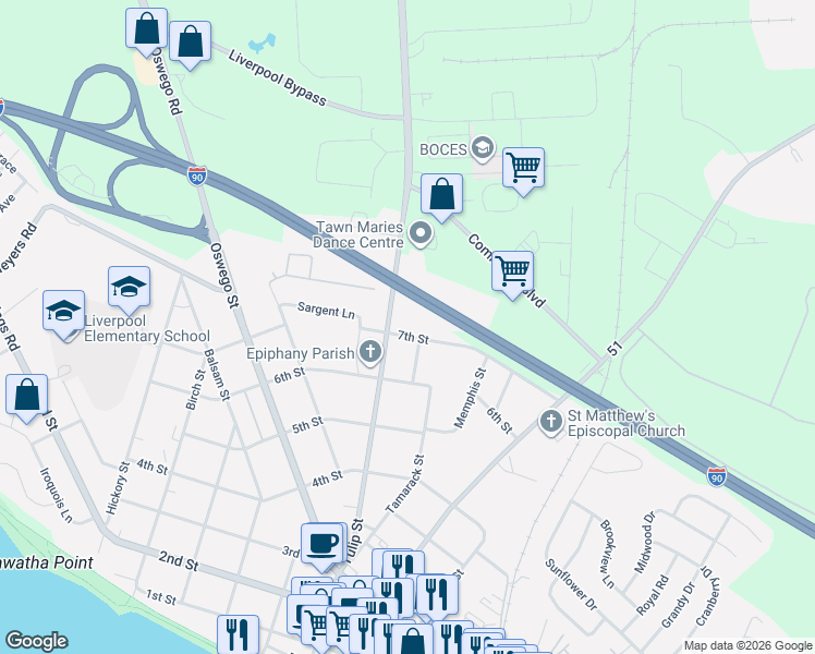 map of restaurants, bars, coffee shops, grocery stores, and more near 1101 Tulip Street in Liverpool
