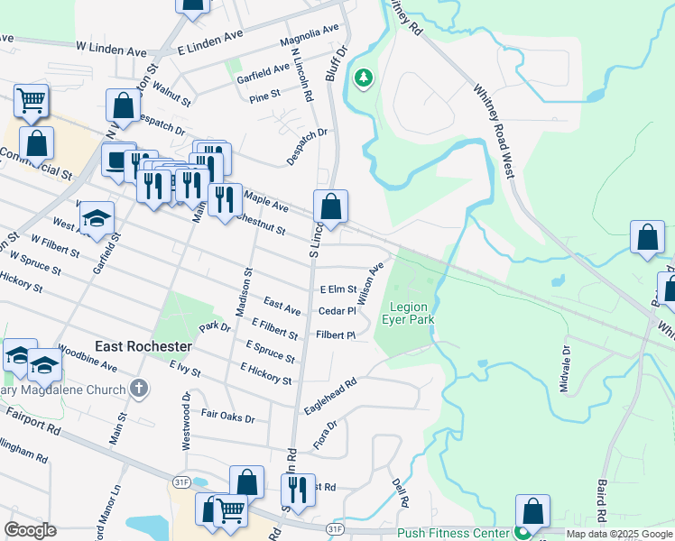 map of restaurants, bars, coffee shops, grocery stores, and more near 317 East Commercial Street in East Rochester