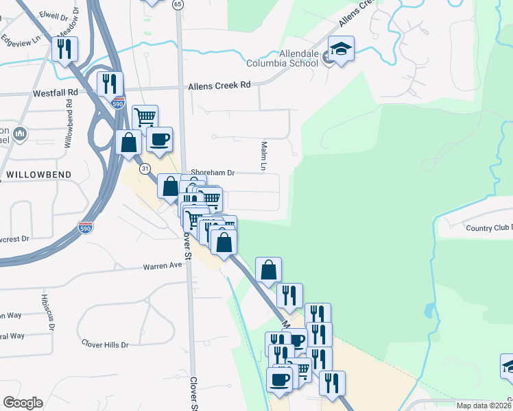 map of restaurants, bars, coffee shops, grocery stores, and more near 118 Pickwick Drive in Rochester